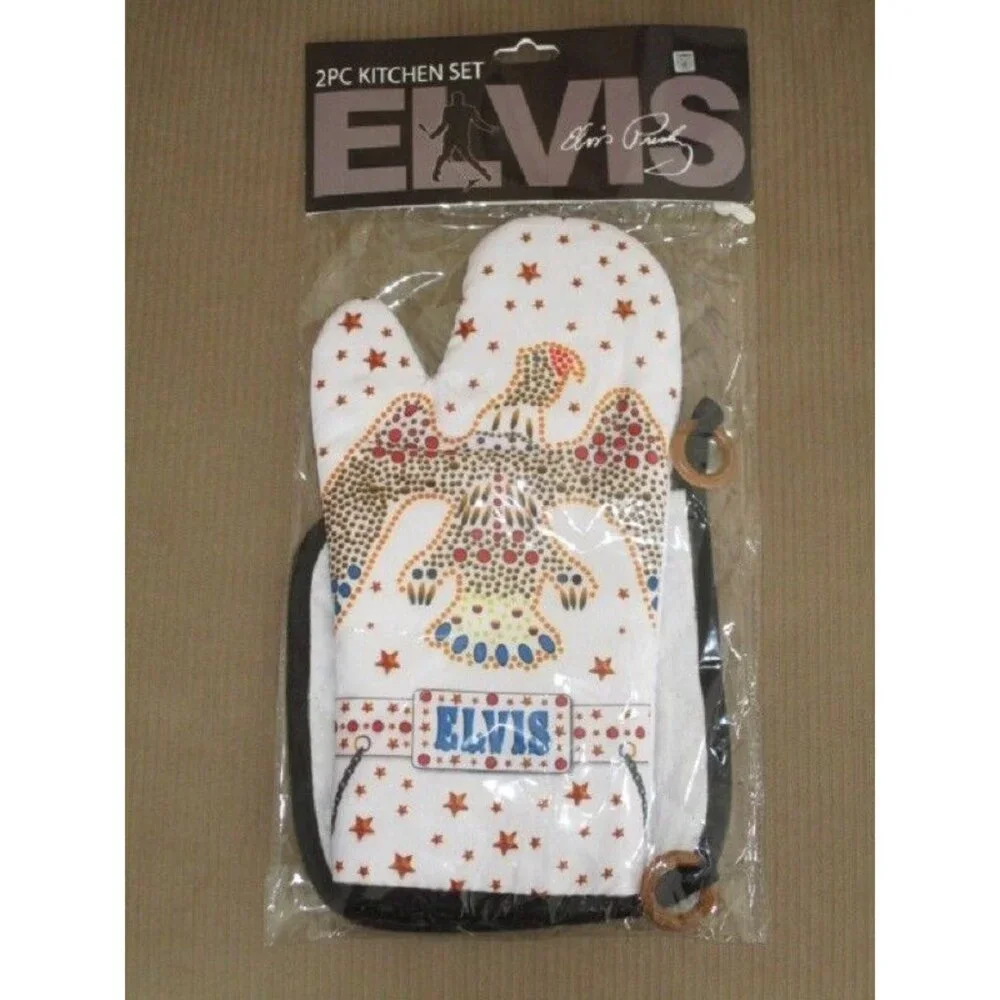 New White Oven Mitt & Potholder Set Elvis Presley Kitchen Jumpsuit Eagle Concert